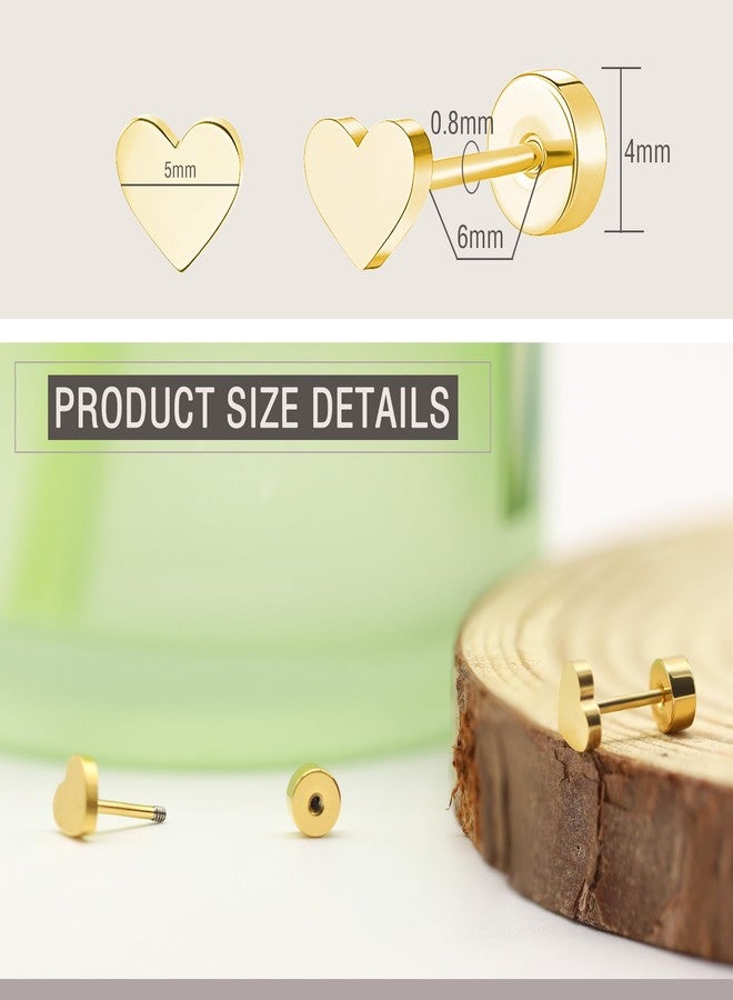 أقراط ZDE نسائية، أقراط على شكل قلب مسطحة من الخلف، أقراط رجالية من التيتانيوم مضادة للحساسية وخالية من النيكل، أقراط غضروفية مرصعة للفتيات ذوات الأذنين الحساسة، أقراط بسيطة وكلاسيكية صغيرة ذهبية اللون مقاس 5 مم تُثبت بالبرغي - Image 2